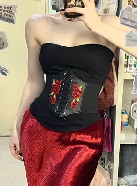 玫瑰花刺绣法式复古腰带女装饰时尚配连衣裙子大衣弹力宽束腰腰封