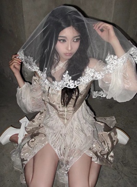 吸血鬼新娘白色蕾丝头纱万圣节cos圣母玛利亚哥特风花嫁女巫头饰