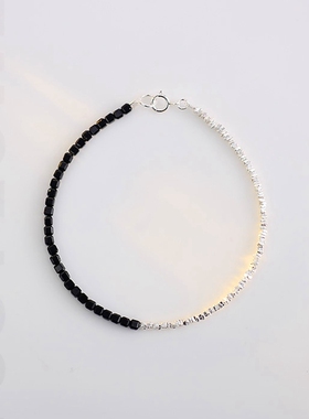 黑尖晶方糖手链女款简约精致碎银子玛瑙手串小众设计高级轻奢时尚