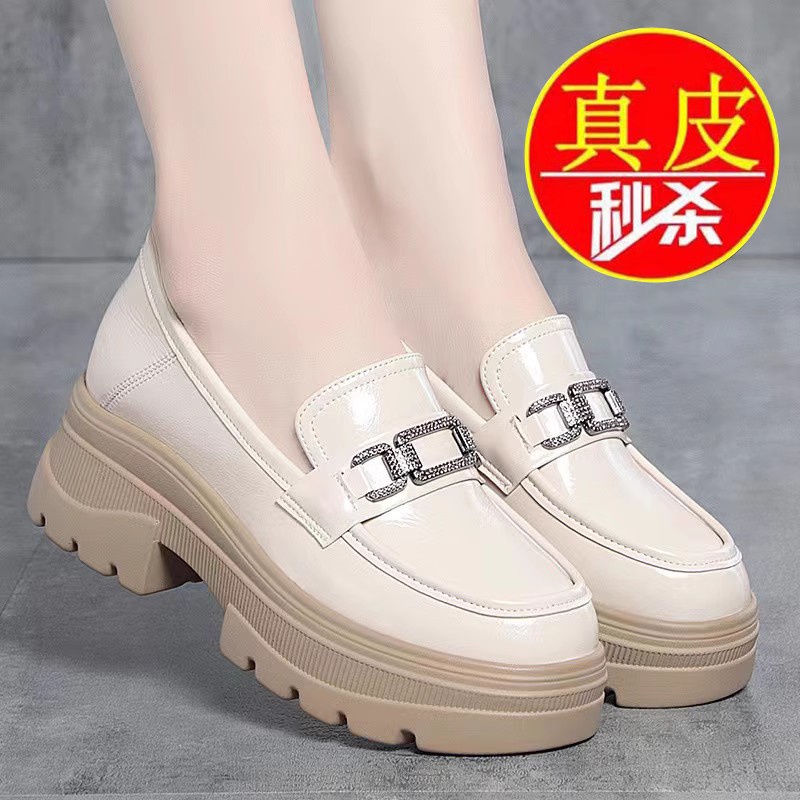 专柜断码中老年真皮厚底乐福鞋女2025春秋新款软皮粗跟百搭单鞋英 - 图2
