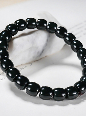特色精工直切油润细料新疆和田玉黑青手链手串直径8*9mm 重量29克