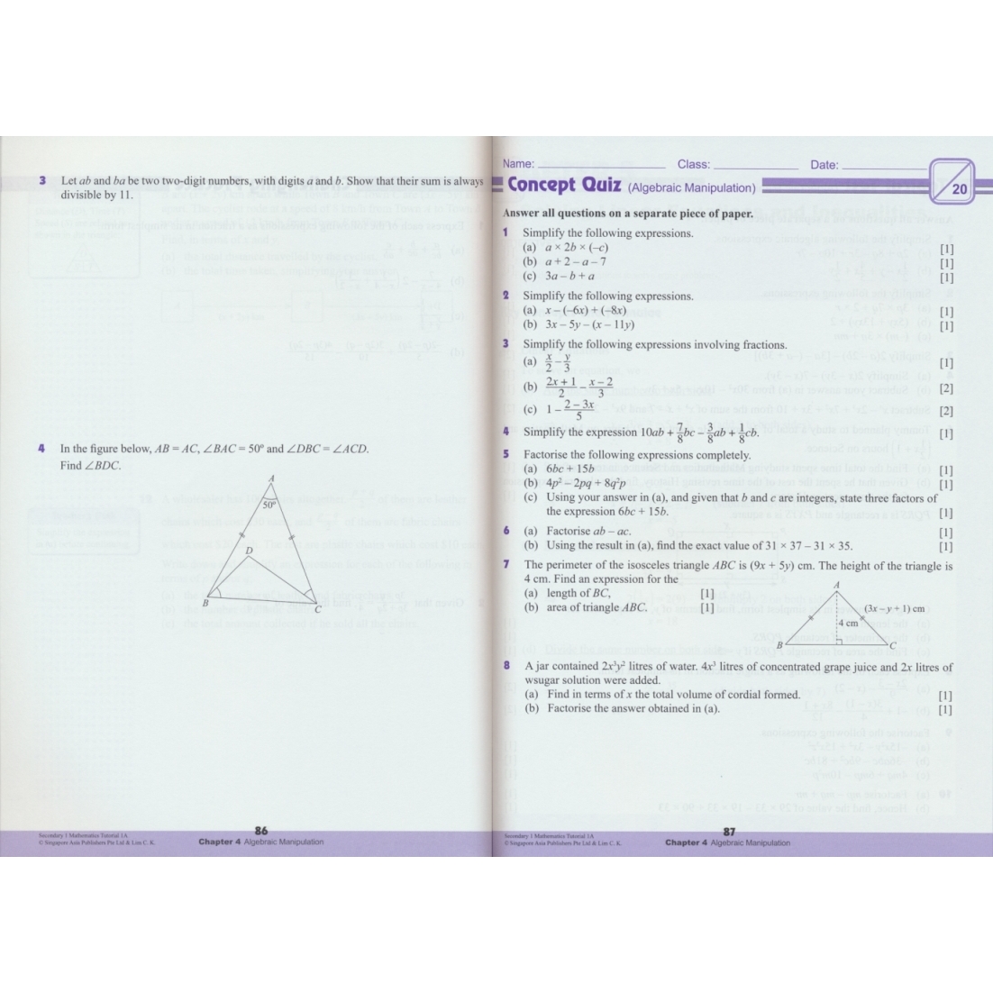 新加坡初中数学 SAP Secondary Mathematics Tutorial 1A-3B数学快捷课程系列初一至初三数学专项练习册+例题讲解英文原版-图2