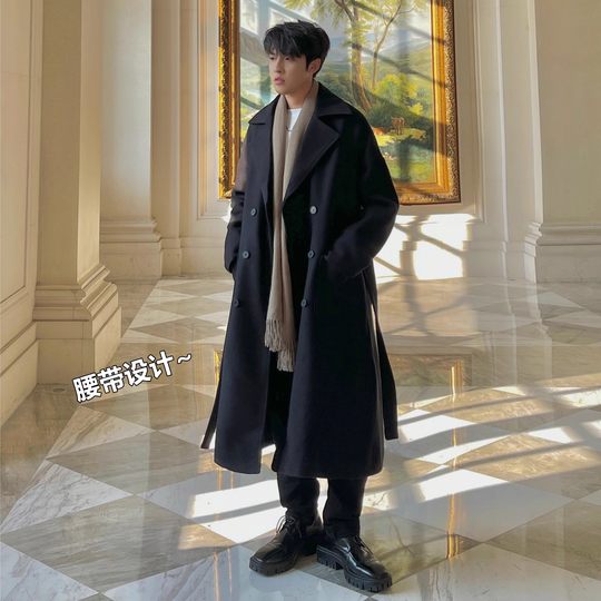 毛呢大衣男灰色秋冬季中长款加厚宽松过膝风衣男韩版呢子西装外套