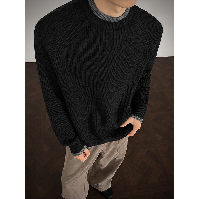 秋冬老钱风撞色插肩袖假两件毛衣男宽松复古休闲加厚保暖针织衫男,淘宝优惠券,粉丝福利购,淘宝优惠卷