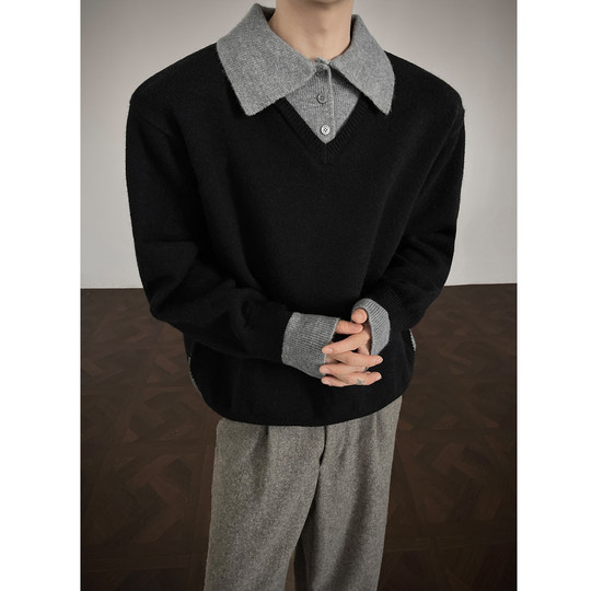 Old money style fake two piece sweater for men winter thickened and warm