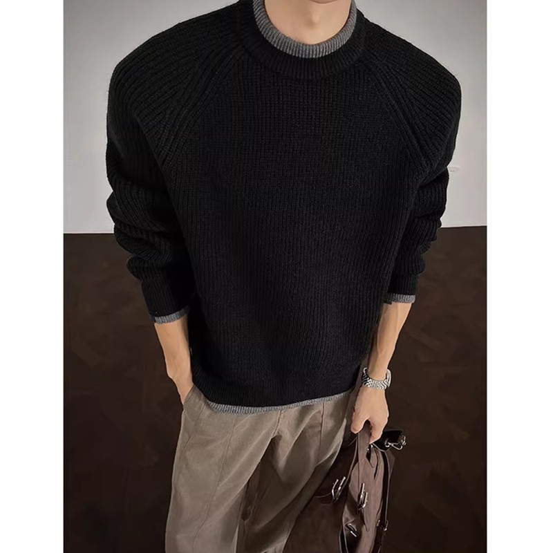 秋冬老钱风撞色插肩袖假两件毛衣男宽松复古休闲加厚保暖针织衫男,淘宝优惠券,粉丝福利购,淘宝优惠卷