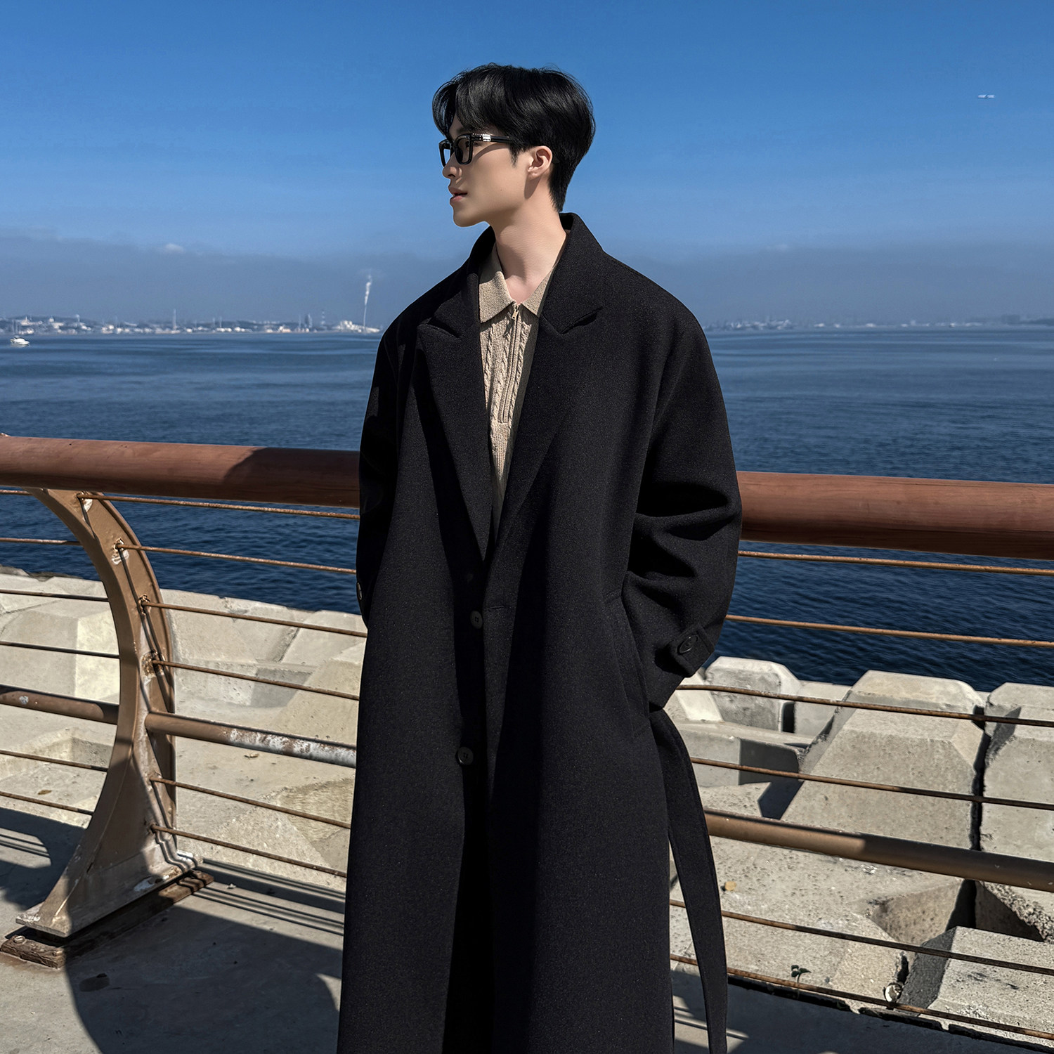 秋冬季过膝毛呢大衣男中长款高级感英伦风加厚系带呢子风衣外套男,淘宝优惠券,粉丝福利购,淘宝优惠卷