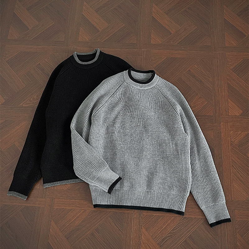 秋冬老钱风撞色插肩袖假两件毛衣男宽松复古休闲加厚保暖针织衫男,淘宝优惠券,粉丝福利购,淘宝优惠卷