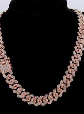 欧美合金古巴链镶钻手链14毫米菱形满钻男女士嘻哈风项链跨境个性