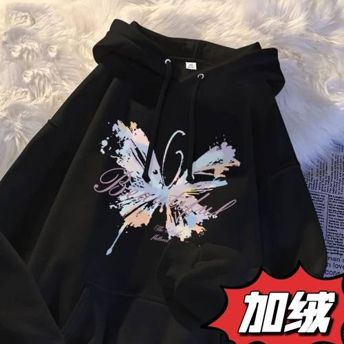 新款冬季连帽童装卫衣女上衣韩系学院风加绒宽松百搭蝴蝶印花外套 - 图0