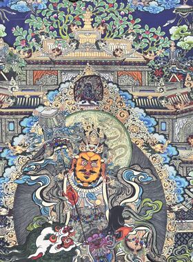 唐卡财宝天王挂画藏族热贡精品手绘复制客厅玄关丝绸装饰挂画