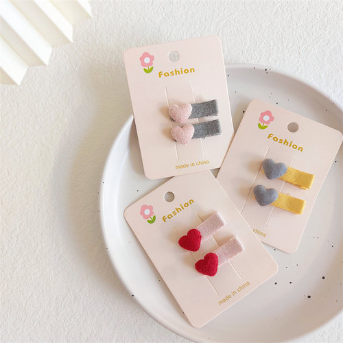 女孩手工全包布爱心发夹一对儿童不伤发品质优雅刘海边夹鸭嘴发卡 - 图1