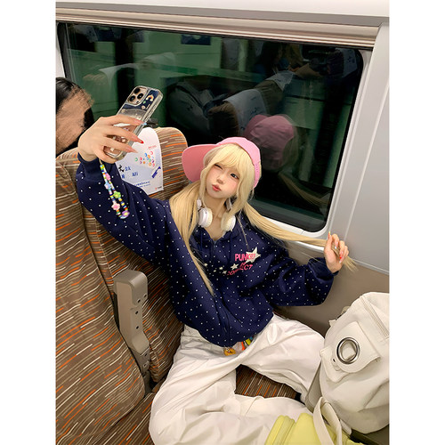 JMJ 美式波点星星字母印花连帽开衫卫衣男女春秋宽松休闲百搭外套 - 图2