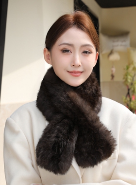韩版真兔毛编织围巾女秋冬双面加厚保暖围脖高级感百搭皮草毛领子