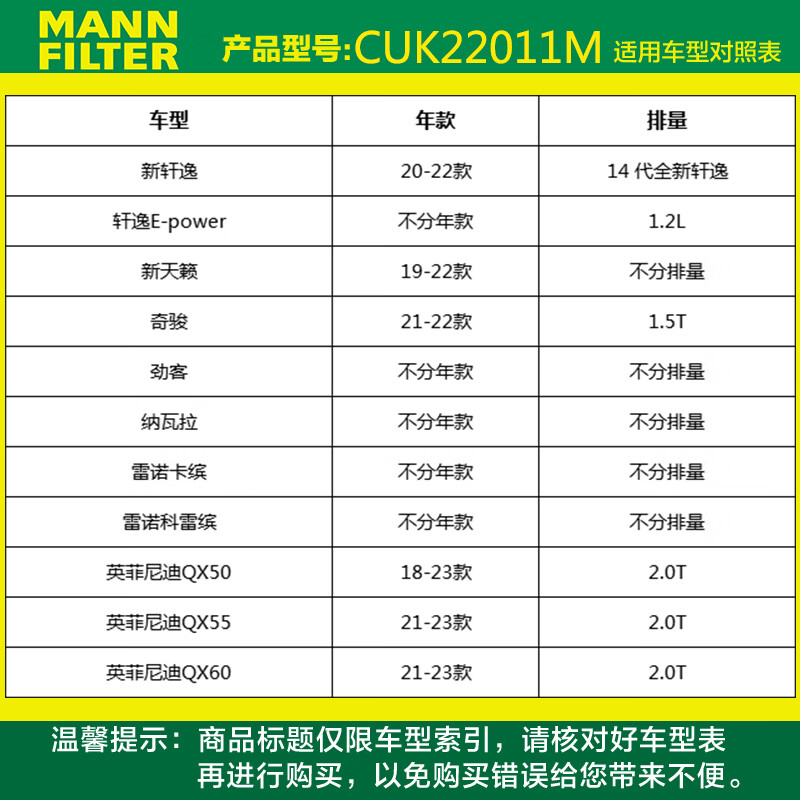 曼牌滤清器空调滤CUK22011M适用新天籁轩逸劲客卡缤英菲尼迪QX50 - 图0