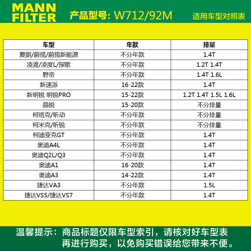 曼牌滤清器机油滤芯格W712/92M适用帕萨特朗逸途安波罗奥迪A3明锐-图1