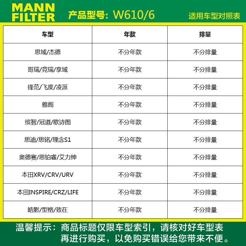 曼牌W610/6适用本田雅阁思域浩影CR-V思威URV锋范机油滤芯格清器 - 图0