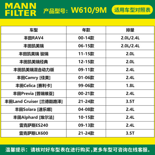 曼牌滤清器W610/9M机油格滤芯适用凯美瑞RAV4埃尔法Elise - 图0