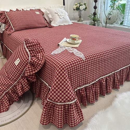 红色格子复古风全棉水洗棉四件套床盖夹棉纯棉花边被套结婚房床品 - 图0