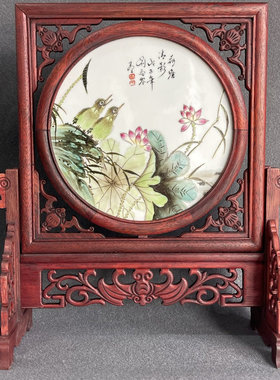 古玩杂项旧藏紫檀镶瓷板画