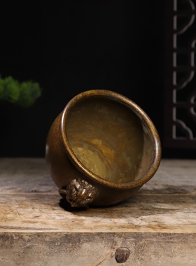 纯铜故宫缸摆件紫砂茶炉双狮耳香炉中式粗陶茶具摆件手工制作