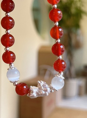 天然红玛瑙手链女新中式s999银貔貅国学手串黑玛瑙情侣款秋冬