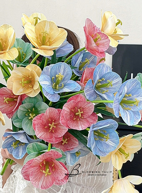 长枝3头手感保湿胶片开花郁金香仿真花束家居客厅装饰花假花摆件