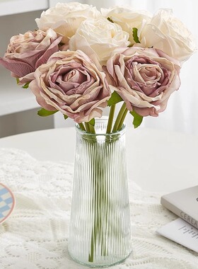 单支干烧荔枝玫瑰手扎跨境爆款焦边枯萎仿真花家居摆件装饰花