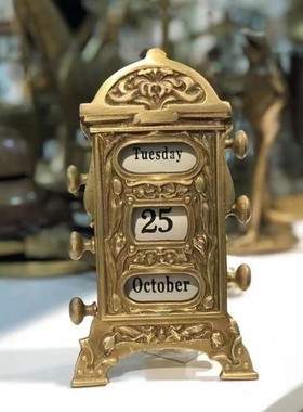 屿物为居 印度进口欧式复古黄铜日历台历摆件样板间书房桌面软装