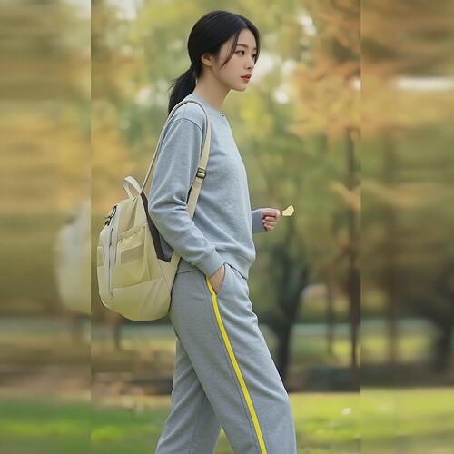 春夏秋卫裤全棉浅灰色长裤镶加黄色单杠校服裤学生运动裤高腰长裤 - 图1