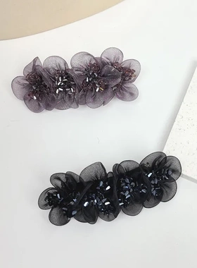 新款弹簧夹欧根纱花朵发夹手工高级感盘发头花女半扎发后脑勺发卡