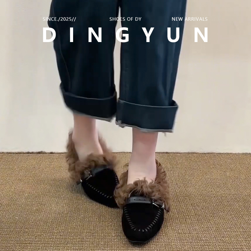 【丁允】秋冬懒人外穿加绒保暖一脚蹬毛毛鞋女小方头皮带扣乐福鞋 - 图2