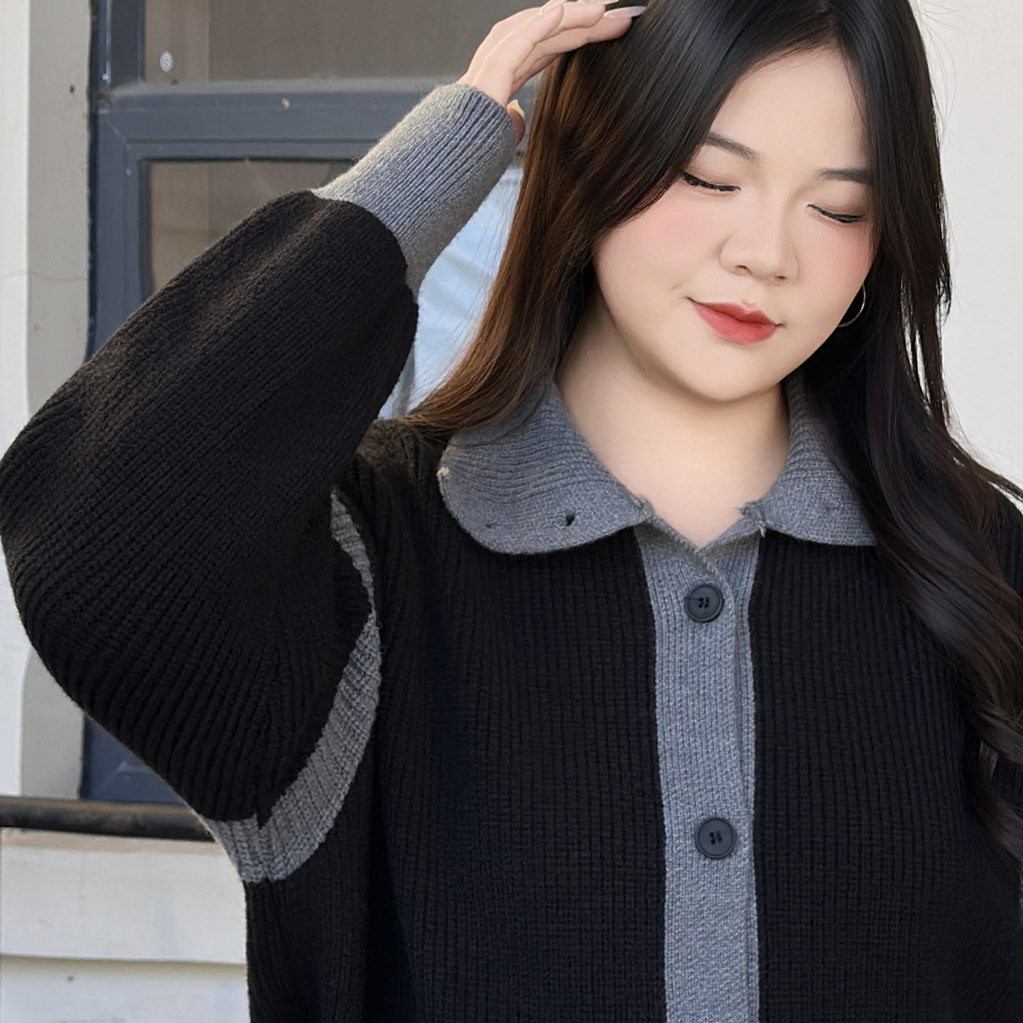 毛衣女秋冬加厚大码2025新款胖妹mm200斤高领拼色开衫针织衫外套,淘宝优惠券,粉丝福利购,淘宝优惠卷