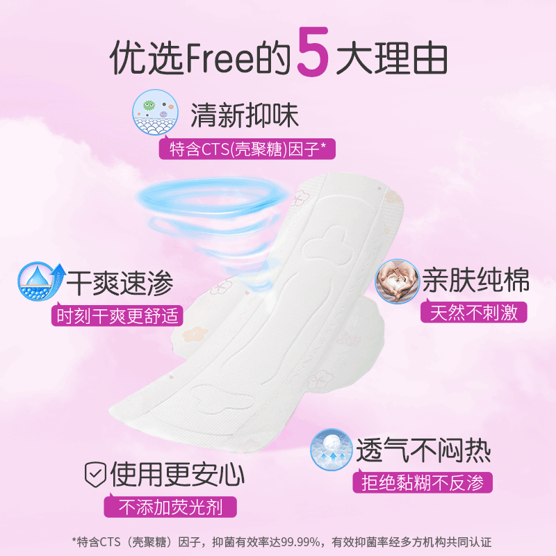 free飞阳光纯棉抑菌夜用加长姨妈少女卫生巾6包-图1