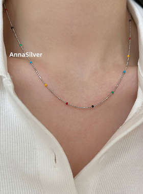 通体S925纯银时尚简约细小巧彩色串珠手链短款锁骨项链叠戴