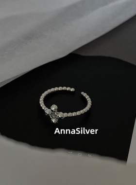 通体S925纯银冷淡风不对称圆珠欧泊石戒指开口可调节指环