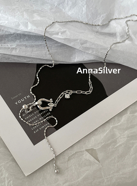 通体S925纯银冷淡风简约个性马蹄扣镶钻抽拉项链