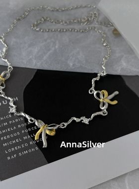 通体S925纯银时尚甜酷金色银色双色蝴蝶结项链镶钻短款锁骨链