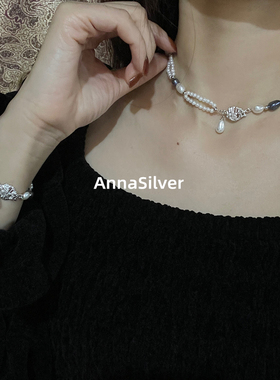 通体S925纯银复古冷淡风设计感珍珠贝壳项链手链