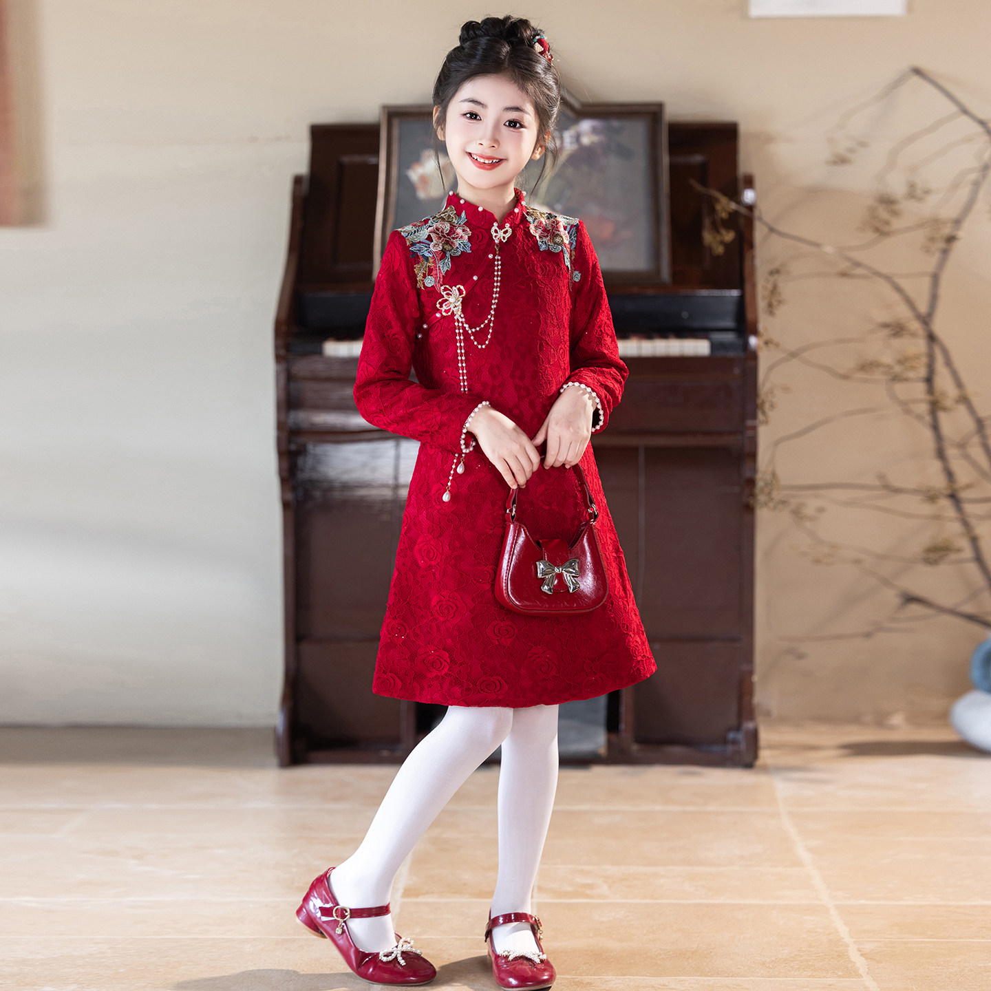 女童旗袍拜年服新中式女孩国风红色高端新年礼服儿童过年唐装冬季,淘宝优惠券,粉丝福利购,淘宝优惠卷