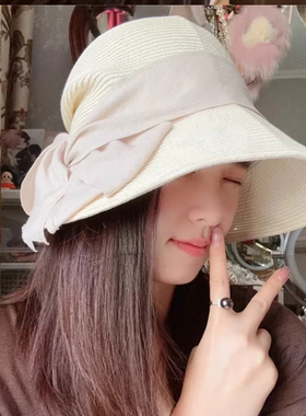 25新品CA4日本纸草夏可折叠UV防晒遮阳草帽不规则蝴蝶结渔夫帽女