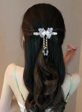 新中式冰蓝蝴蝶弹簧发夹