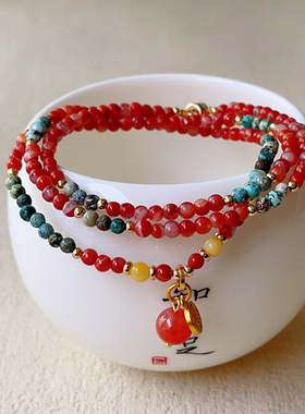 天然南红玛瑙黄发晶多圈手链时尚原创精致小巧女士款锁骨项链