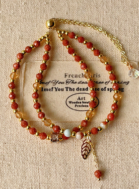 国风红金砂石手串 彩虹石双圈手链女极细切面闪光红色手饰品