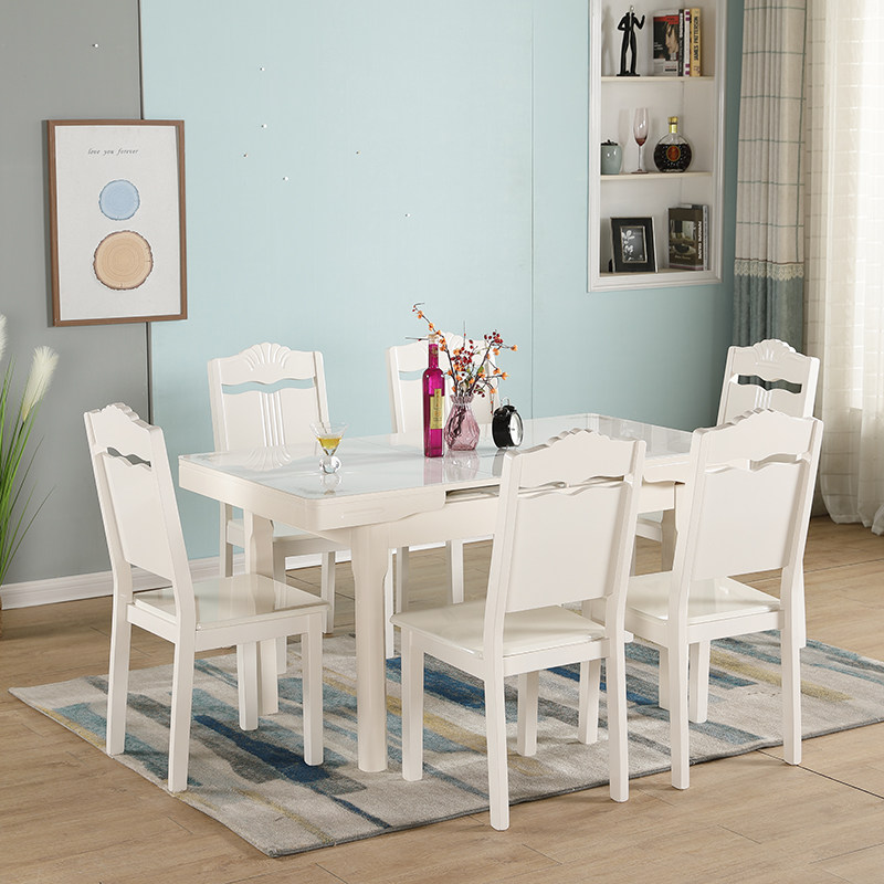 伸缩餐桌小户型家用现代简约白色烤漆抽拉式桌椅组合钢化玻璃饭桌,淘宝优惠券,粉丝福利购,淘宝优惠卷