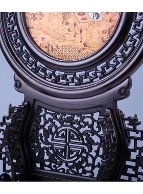 圆形屏风摆件桌面玄关装饰古典中国风红木宫扇工艺品紫光檀檀香