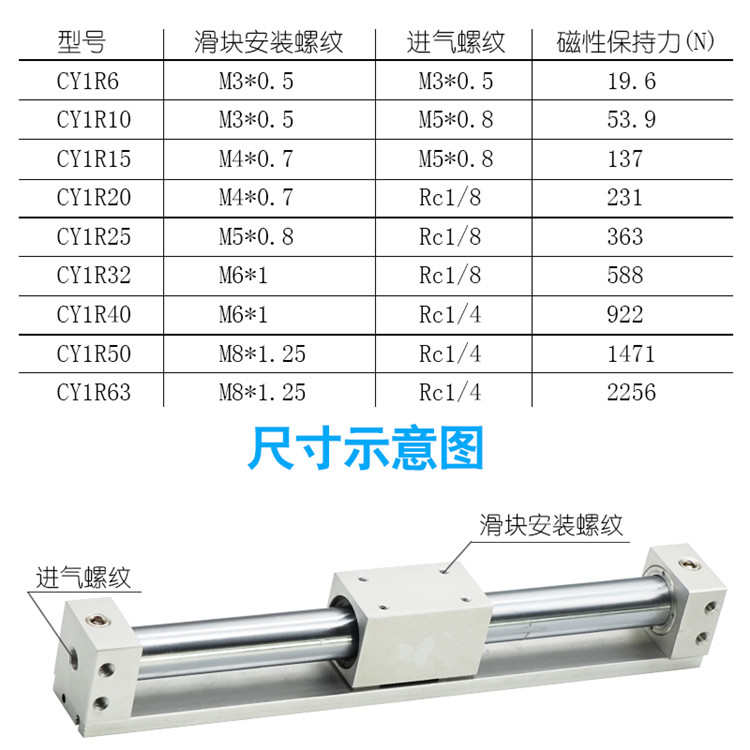 移印机无杆气缸 CY3R10 -200 15-100CY3R20-300CY1R25-500CY3RG32 - 图1