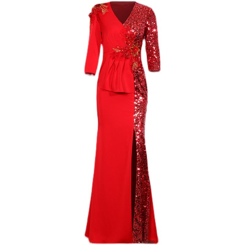 创意狐年会主持人晚礼服女高端宴会订婚礼服裙长款红色鱼尾演出服