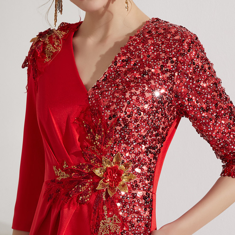 创意狐年会主持人晚礼服女高端宴会订婚礼服裙长款红色鱼尾演出服