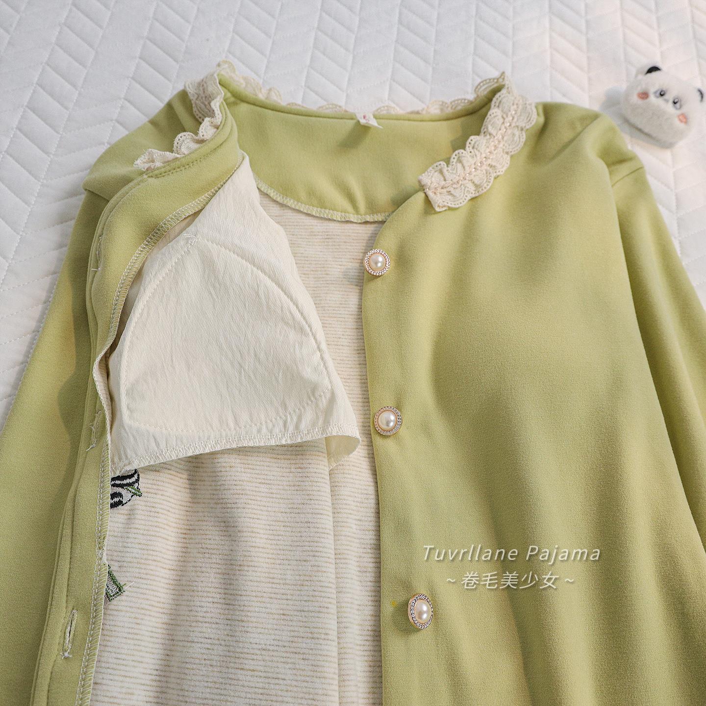 小清新绿卡通熊猫加厚德绒睡衣女2025秋冬季新款带胸垫羊绒家居服 - 图3